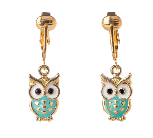 Gold Blue Owl Clip On Dangling Earrings