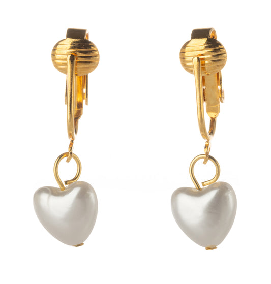 Gold Simulated Pearl Heart Clip On Dangling Earrings