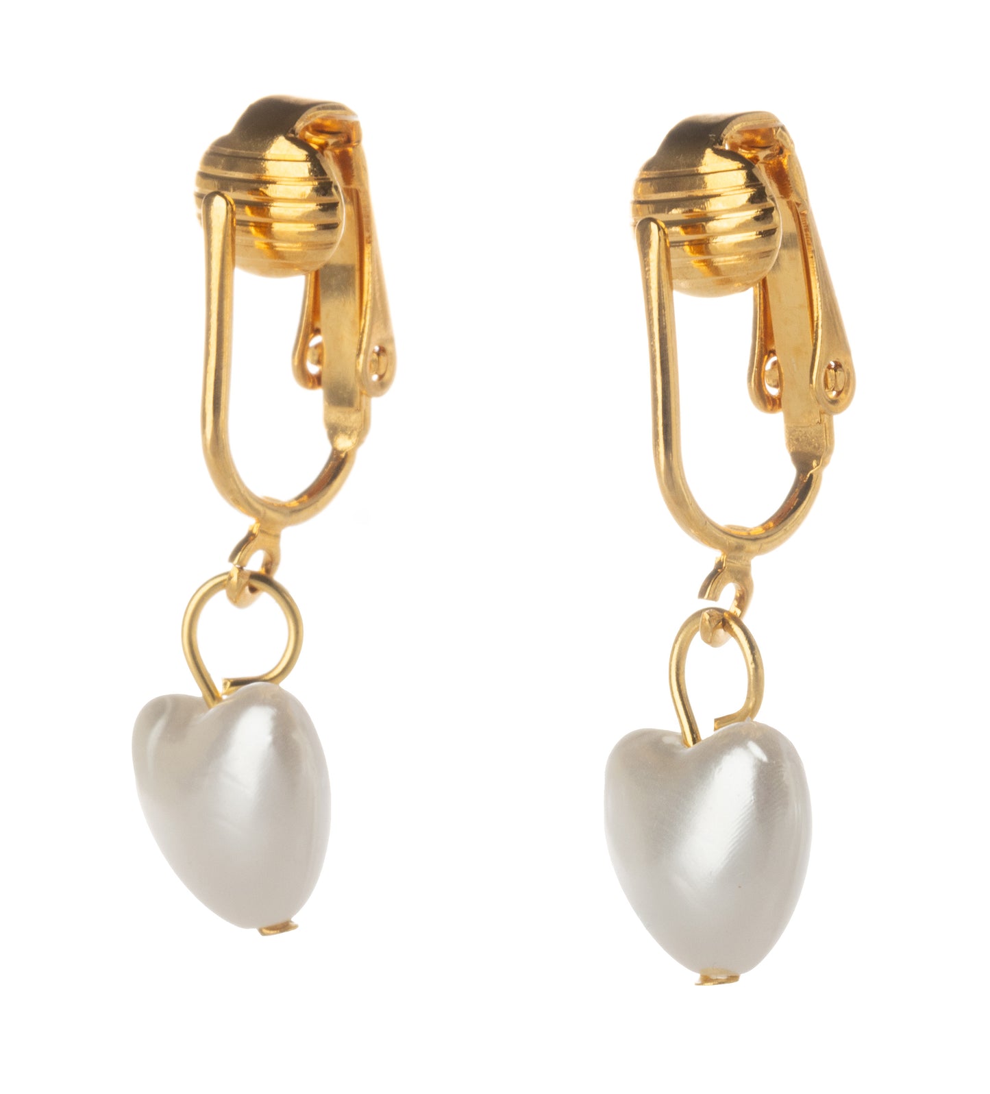 Gold Simulated Pearl Heart Clip On Dangling Earrings