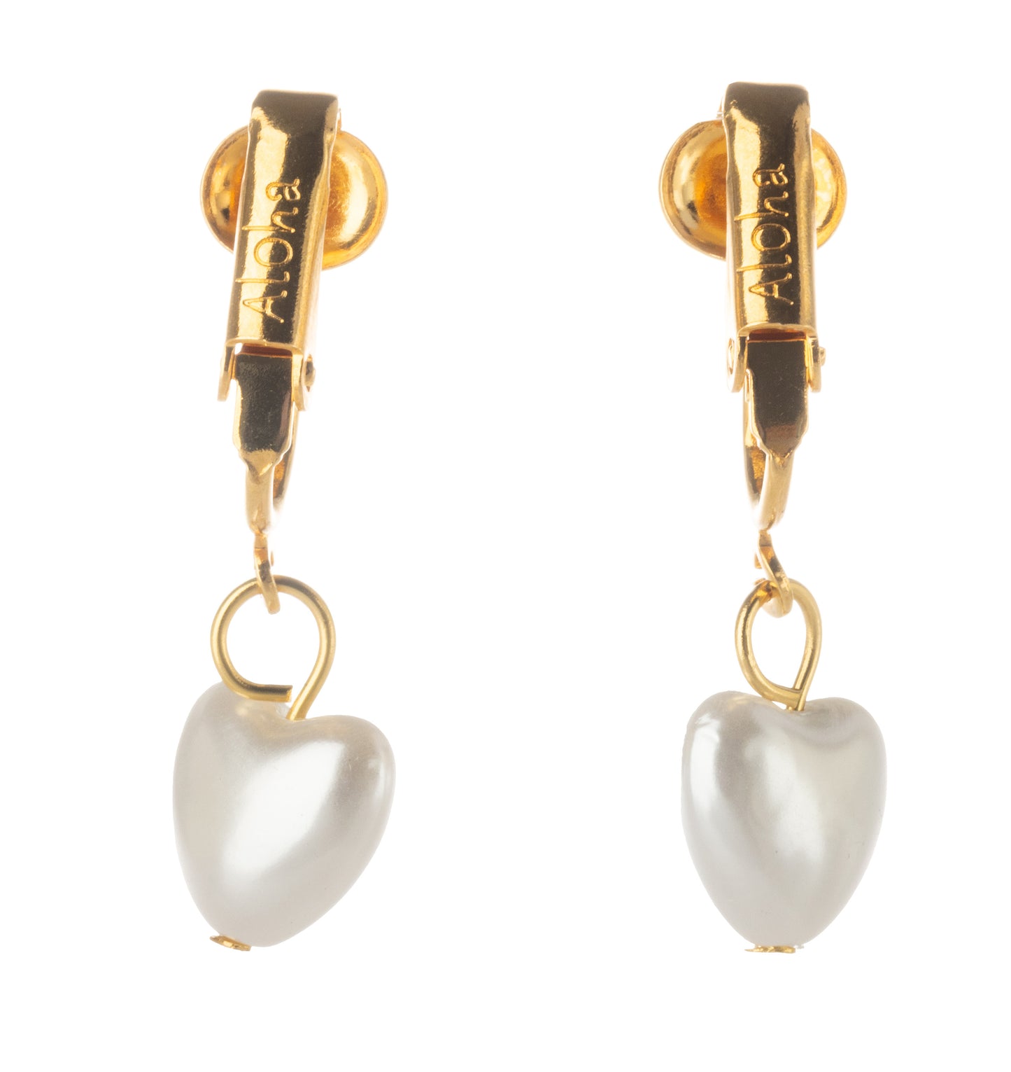 Gold Simulated Pearl Heart Clip On Dangling Earrings