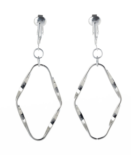 Silver Sculpted Oval Clip On Dangling Earrings