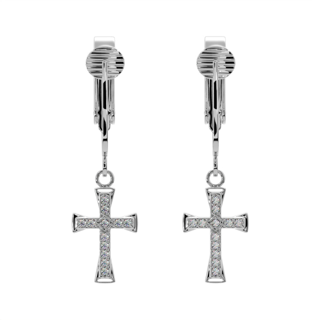 Silver Crystal Paved Cross Clip On Dangling Earrings