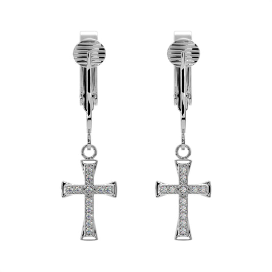 Silver Crystal Paved Cross Clip On Dangling Earrings