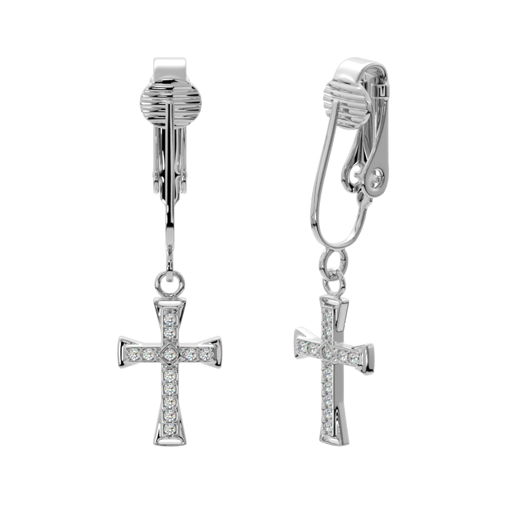 Silver Crystal Paved Cross Clip On Dangling Earrings