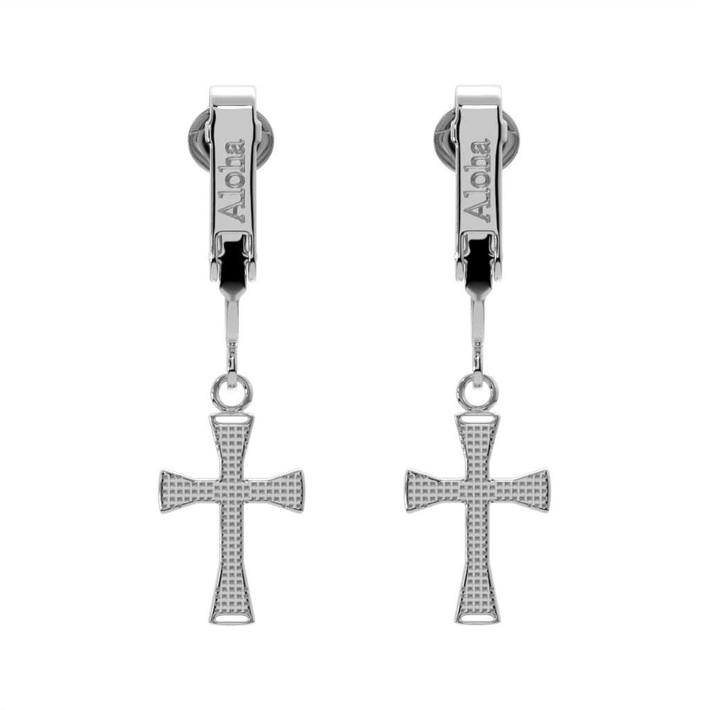 Silver Crystal Paved Cross Clip On Dangling Earrings