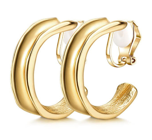 Gold Indented Clip On Hoop Earrings