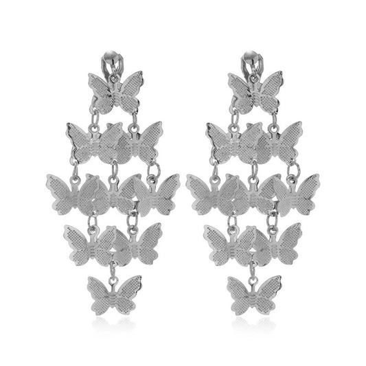 Silver Layered Butterfly Clip On Dangling Earrings