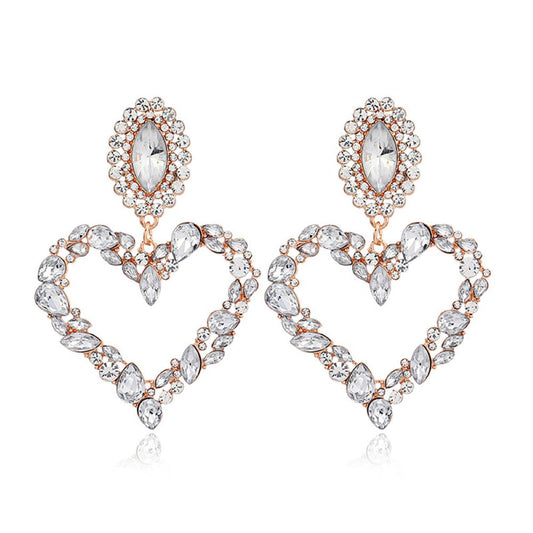 Gold Sparkling Crystal Heart Shaped Statement Clip On Dangling Earrings