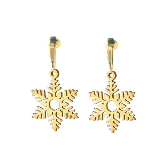 Gold Snowflake Clip On Dangling Earrings