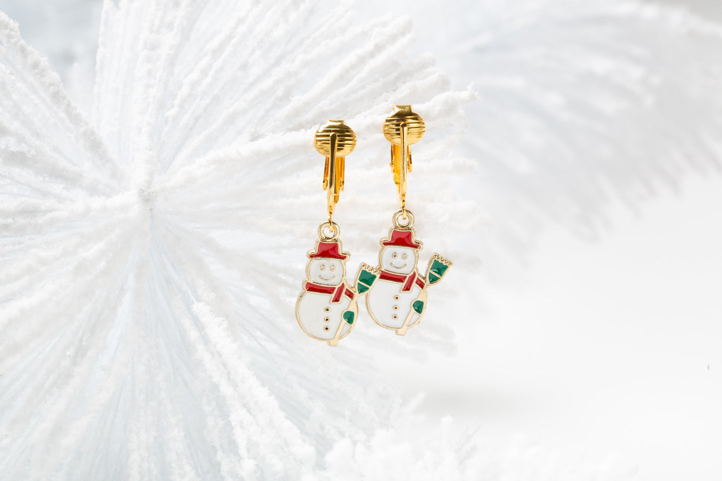 Snowman Gold Clip On Dangling Earrings