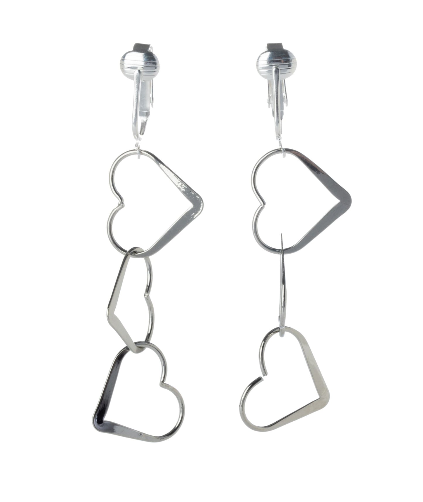 Silver Triple Heart Clip On Dangling Earrings