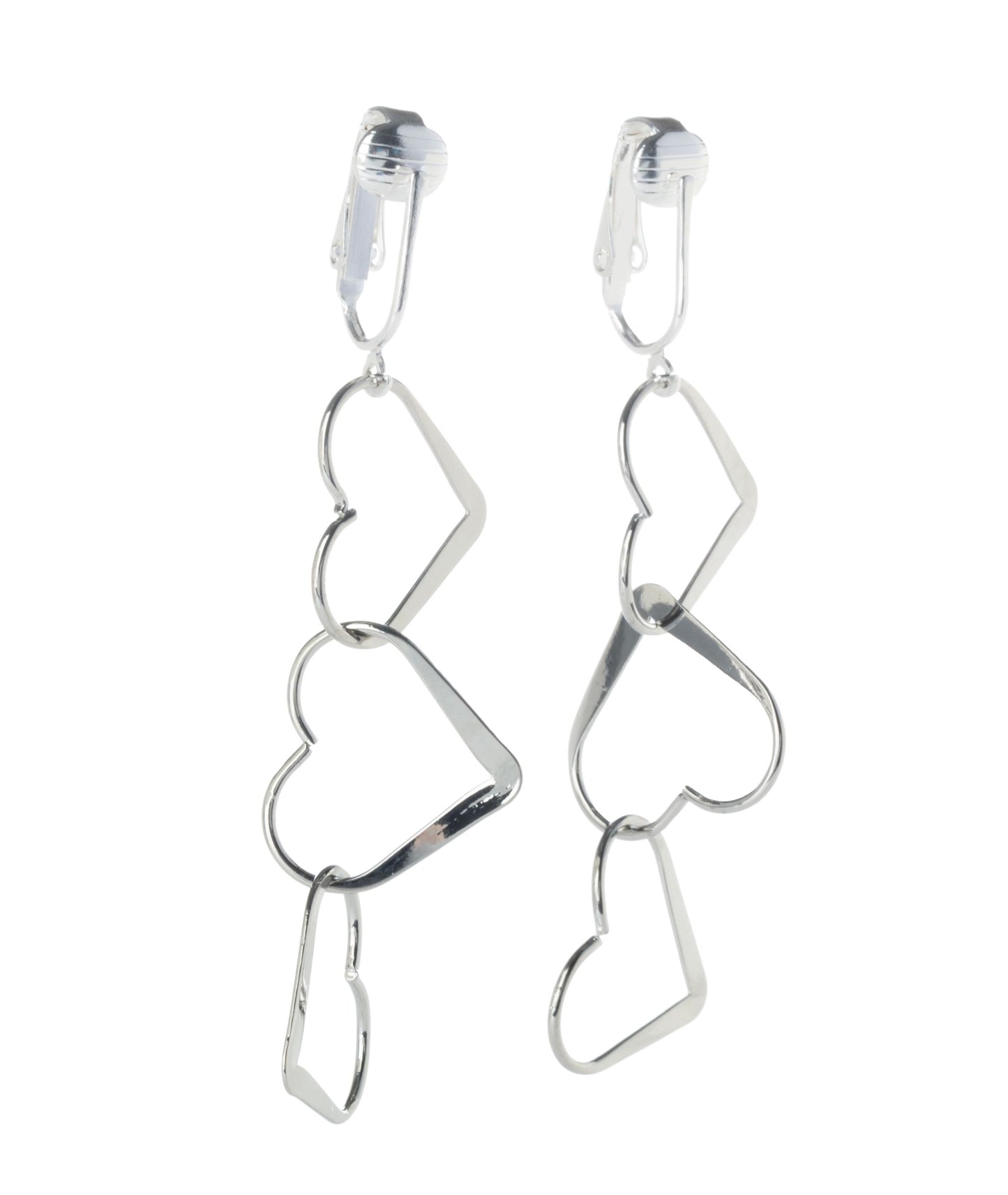 Silver Triple Heart Clip On Dangling Earrings