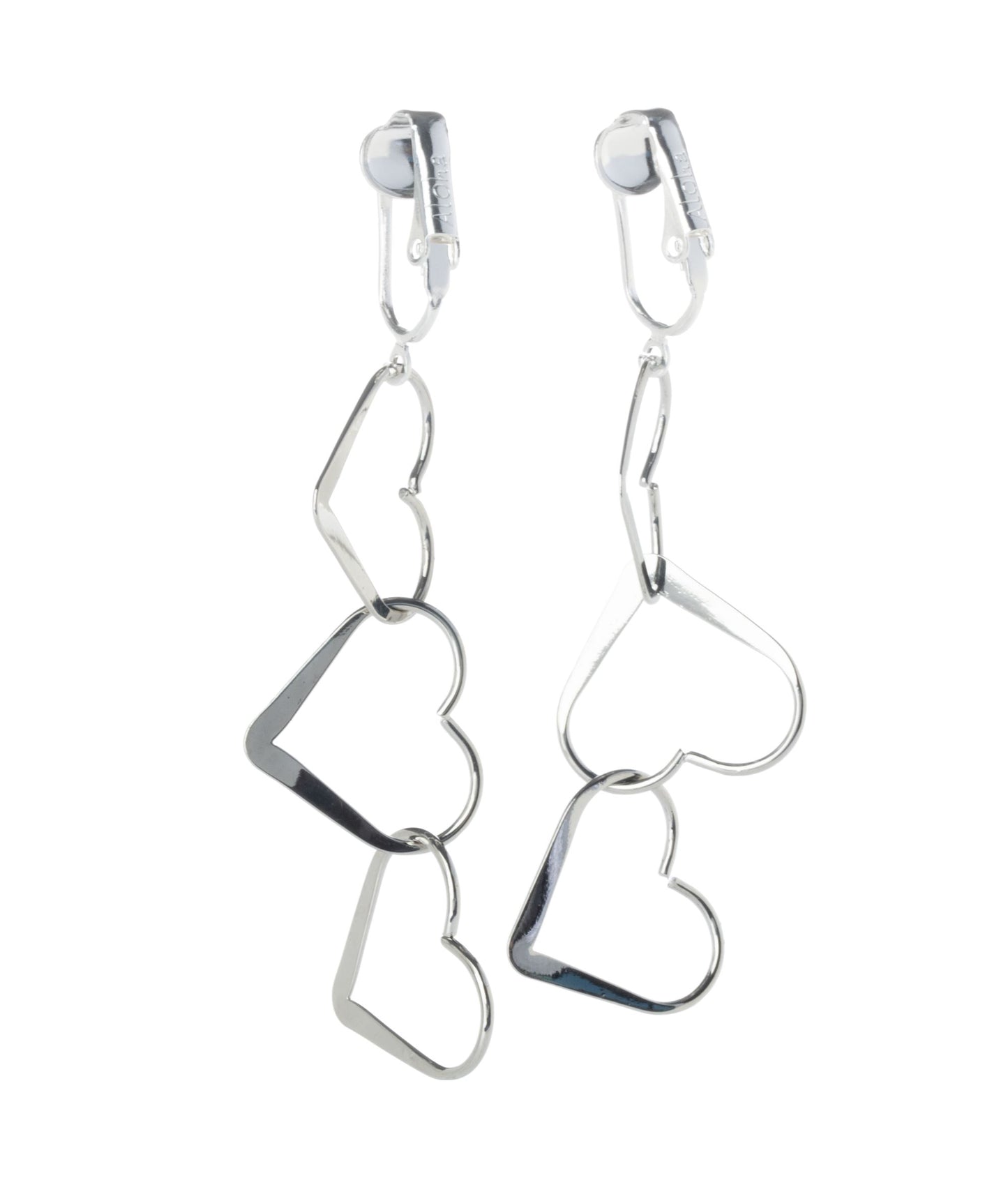 Silver Triple Heart Clip On Dangling Earrings