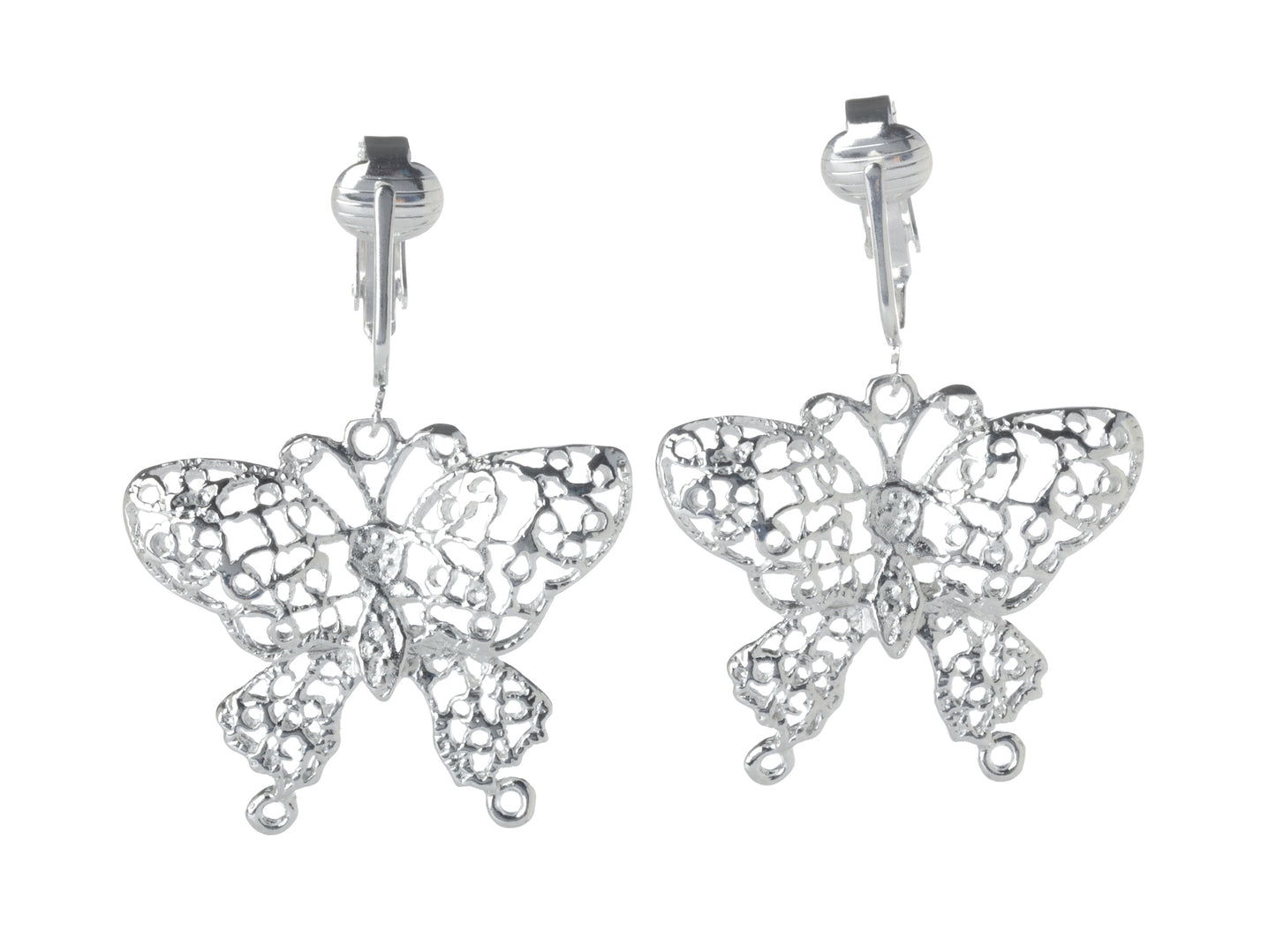 Silver Butterfly Outline Clip On Dangling Earrings