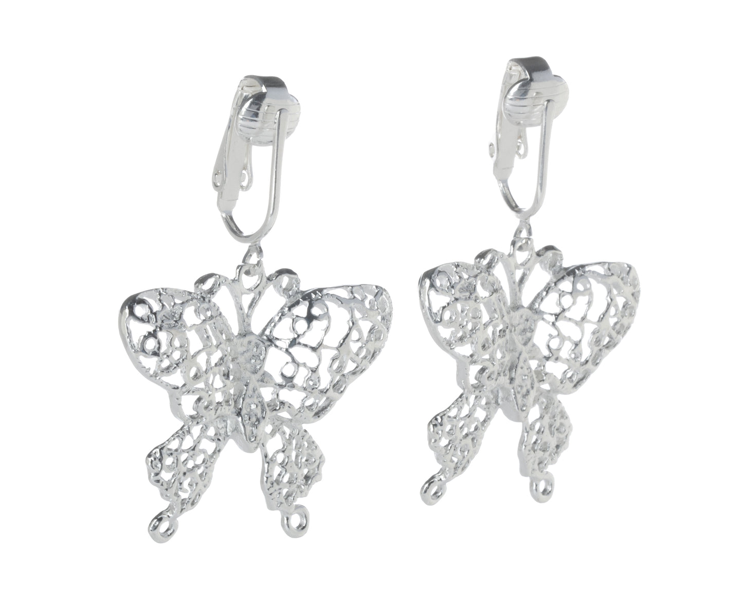 Silver Butterfly Outline Clip On Dangling Earrings