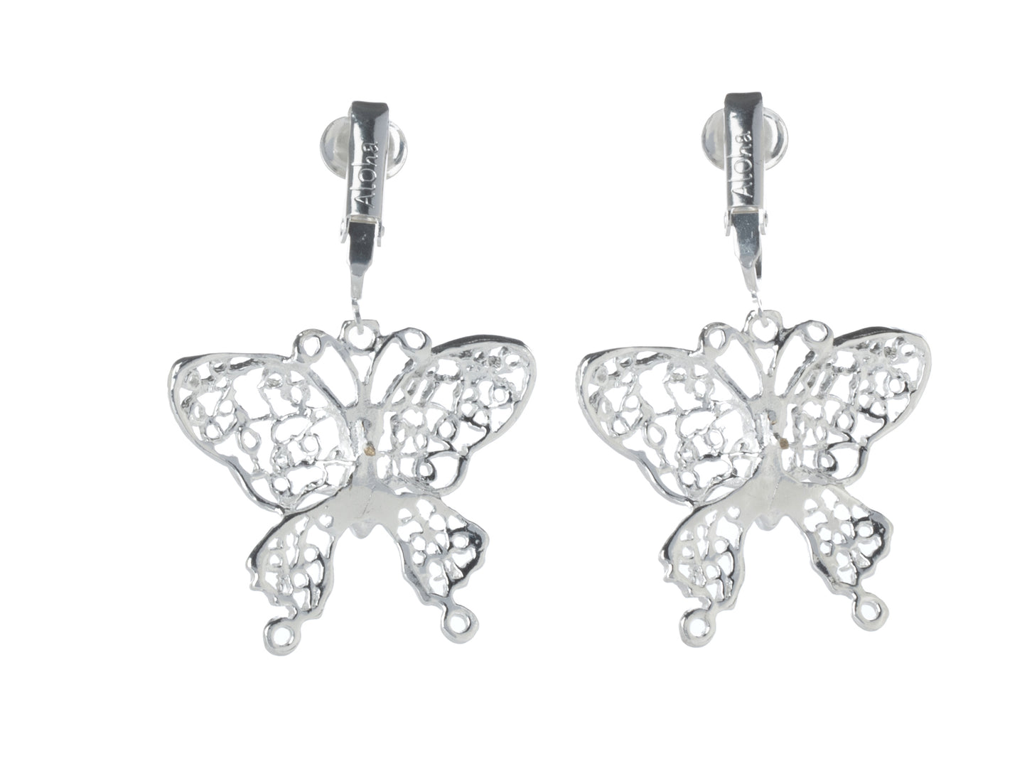 Silver Butterfly Outline Clip On Dangling Earrings