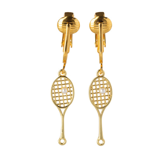 Gold Tennis Racket with Simulated Pearl Ball Clip On Dangling Earrings