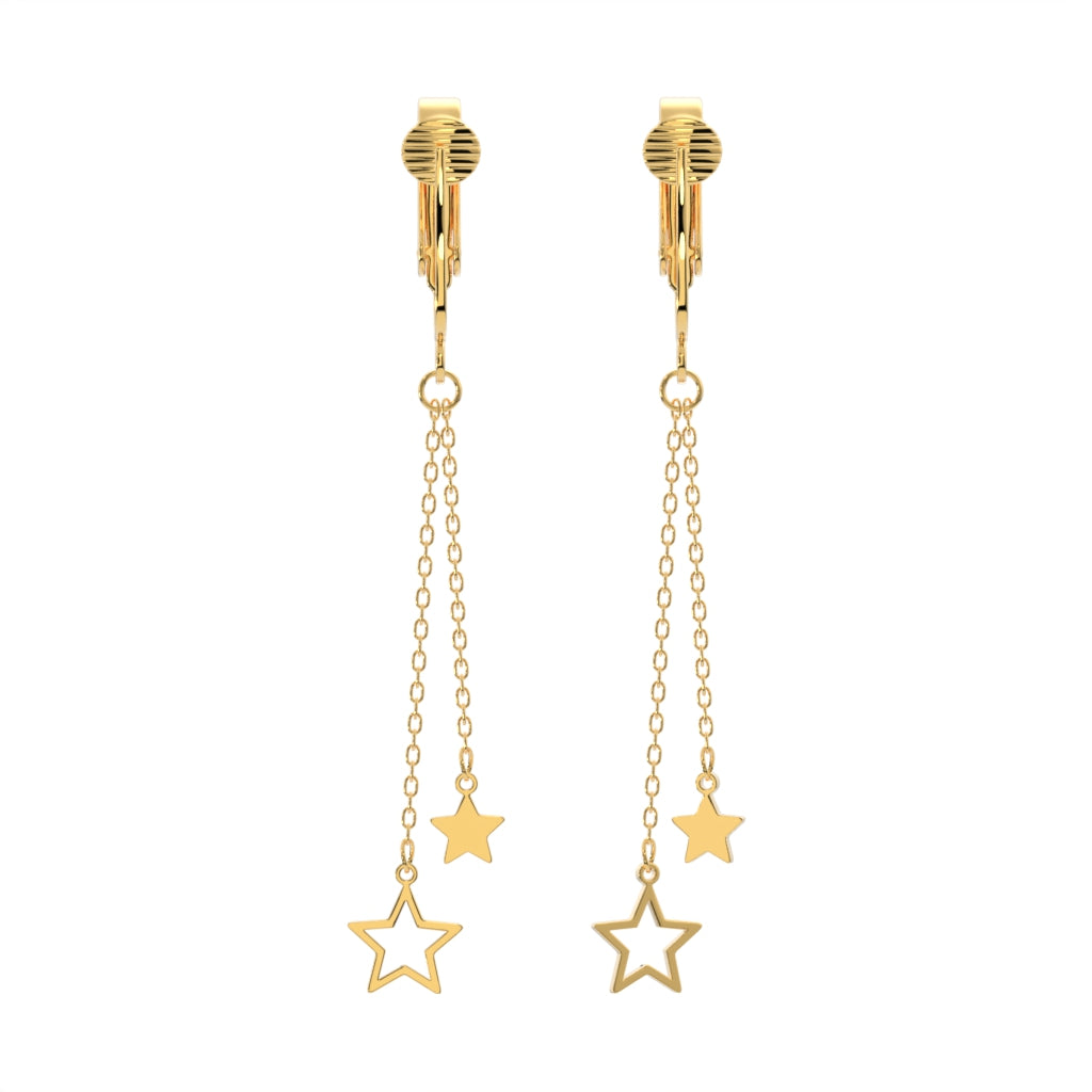 Gold Double Chains with Star Ends Clip On Dangling Earrings