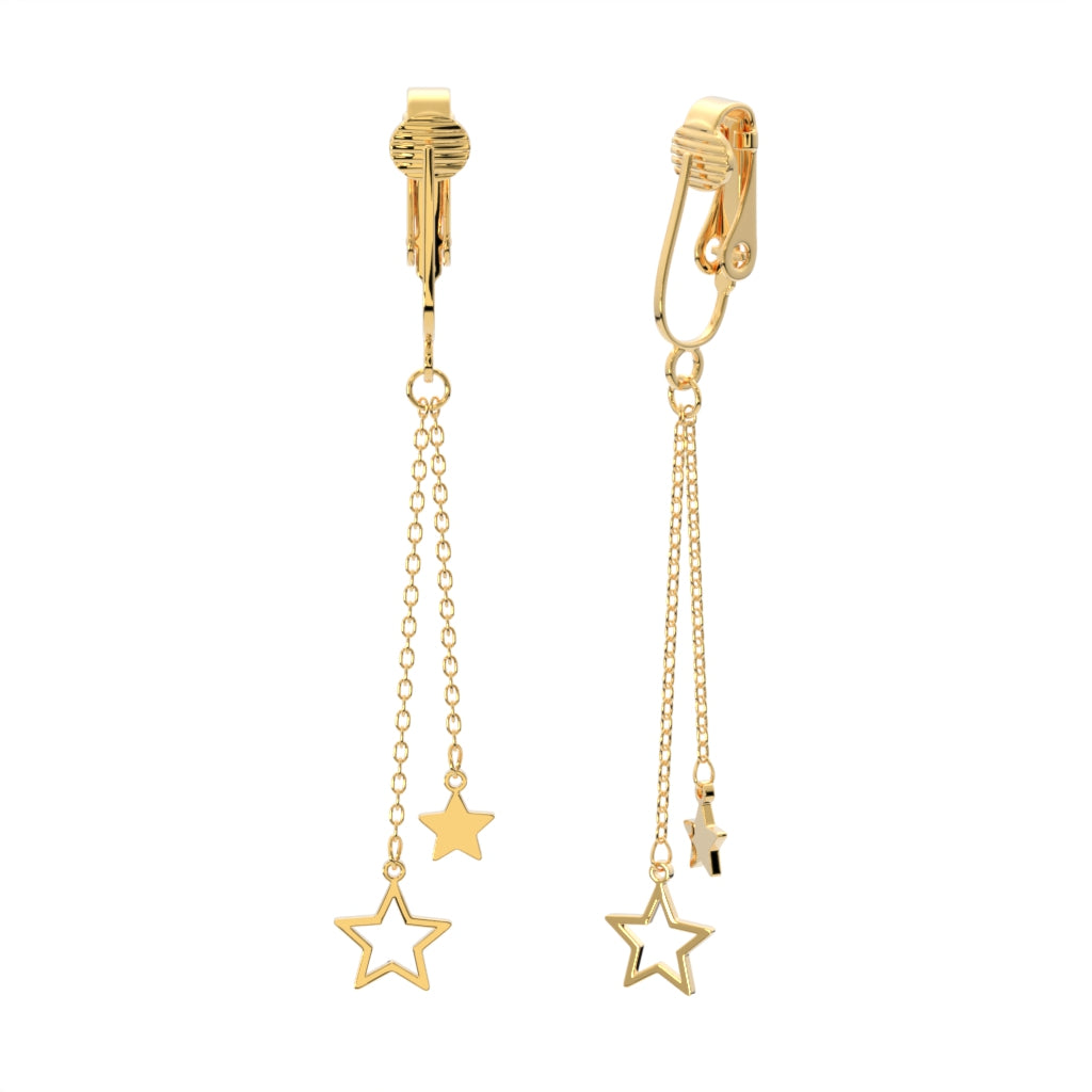 Gold Double Chains with Star Ends Clip On Dangling Earrings