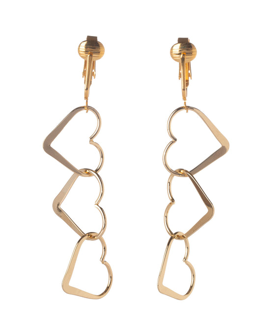 Gold Triple Heart Clip On Dangling Earrings