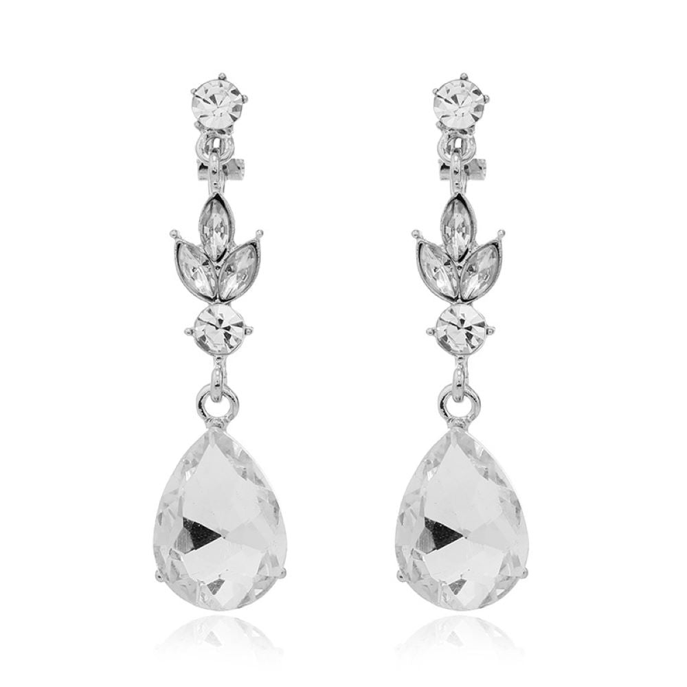 Silver Clear Crystal Filigree Teardops Clip On Dangling Earrings