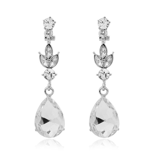 Silver Clear Crystal Filigree Teardops Clip On Dangling Earrings