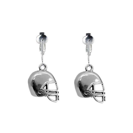 Silver Football Helmet Clip On Dangling Earrings