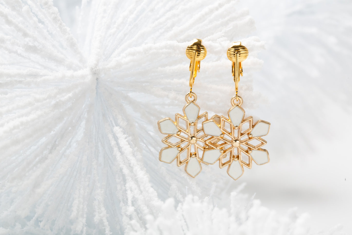 White Snowflakes Gold Clip On Dangling Earrings