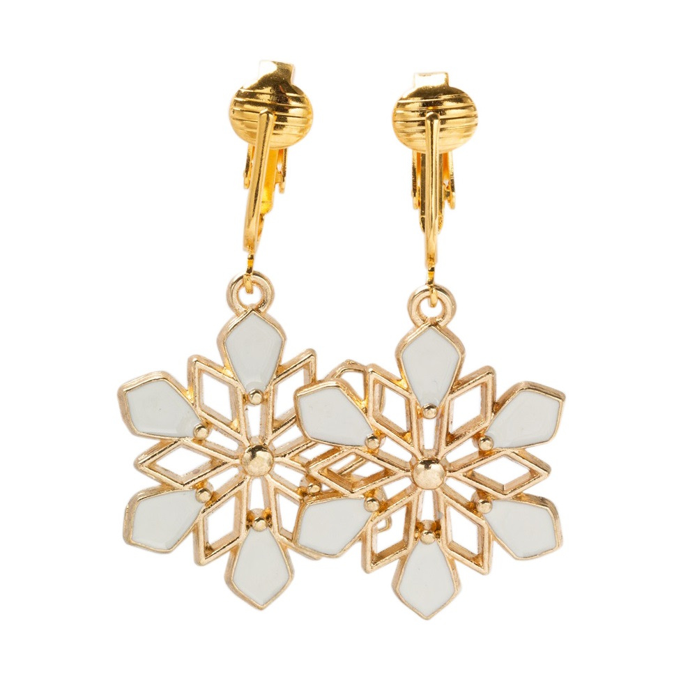 White Snowflakes Gold Clip On Dangling Earrings