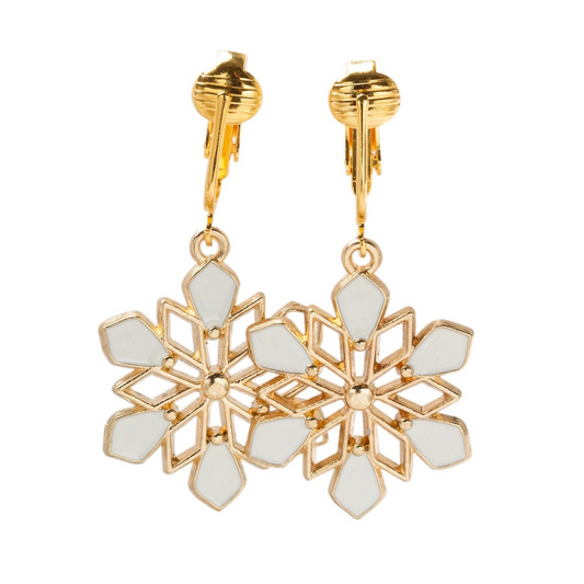 White Snowflakes Gold Clip On Dangling Earrings