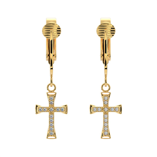 Gold Crystal Paved Cross Clip On Dangling Earrings