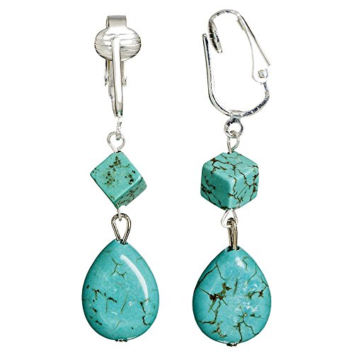 Turquoise Cube and Teardrop Clip On Dangling Earrings