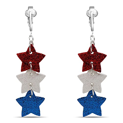 Sparkling Red White and Blue Stars Clip On Dangling Earrings