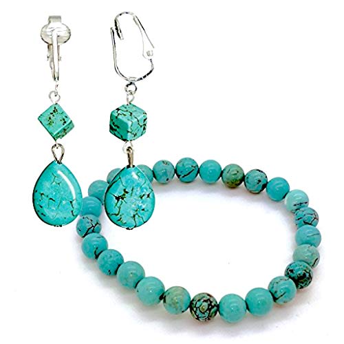 Turquoise Stretchy Bracelet and Turquoise Cube and Teardrop Clip On Dangling Earrings Set