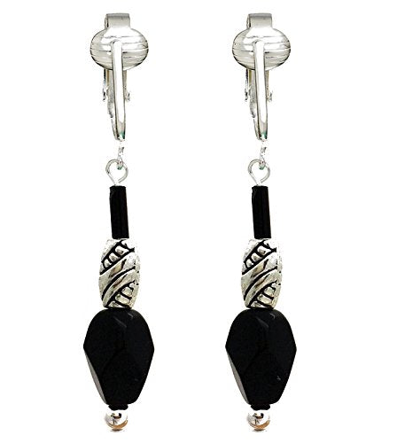 Black Art Deco Dangling Clip On Earrings