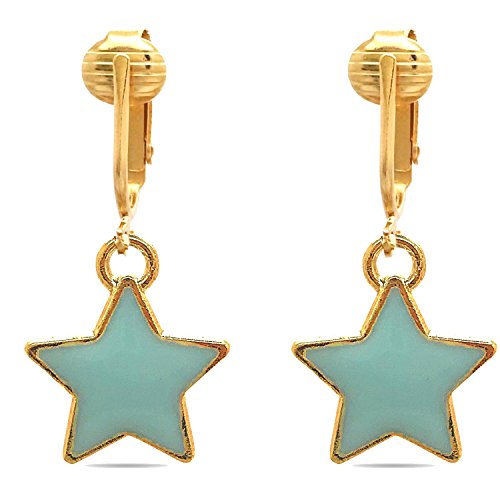 Blue Star Gold Clip On Dangling Earrings