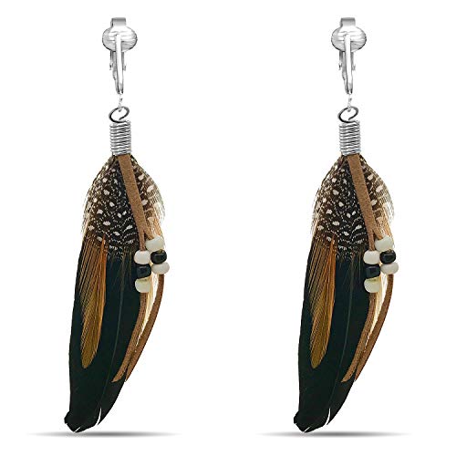 Bohemian Long Feather Clip On Dangling Earrings