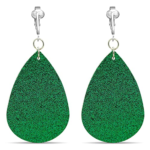 Green Sparkling Faux Leather Clip On Dangling Earrings