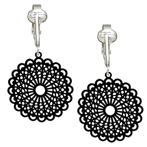 Black Small Round Filigree Clip On Dangling Earrings